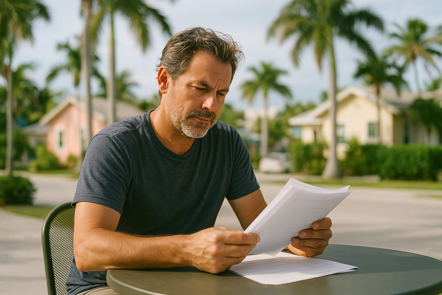 A relaxed middle-aged man reviewing property documents at a sunlit outdoor table near a coastal Florida neighborhood, candid and natural