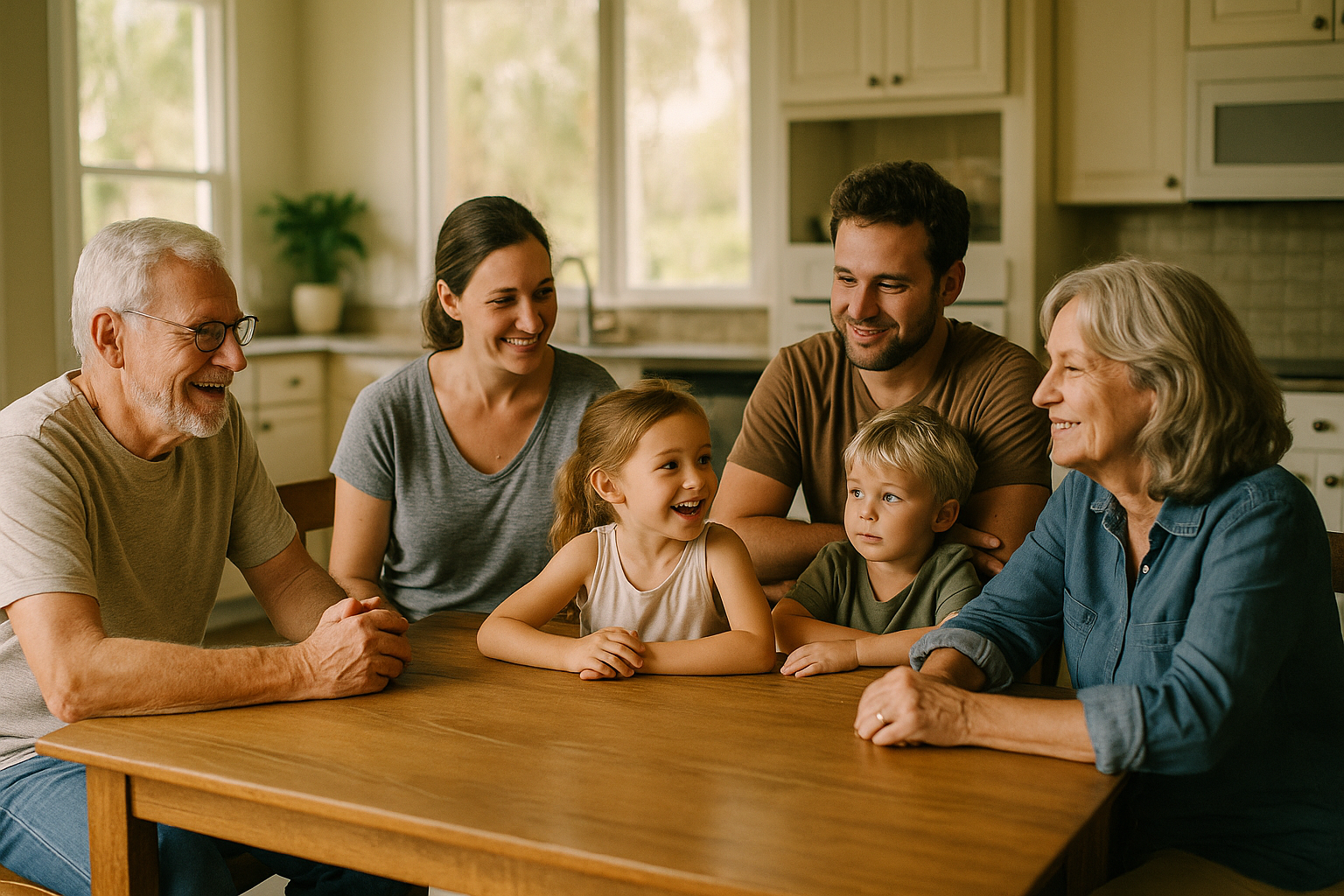 A multigenerational family of three generations sitting together at a kitchen table, reviewing documents in warm natural light, candid documentary style