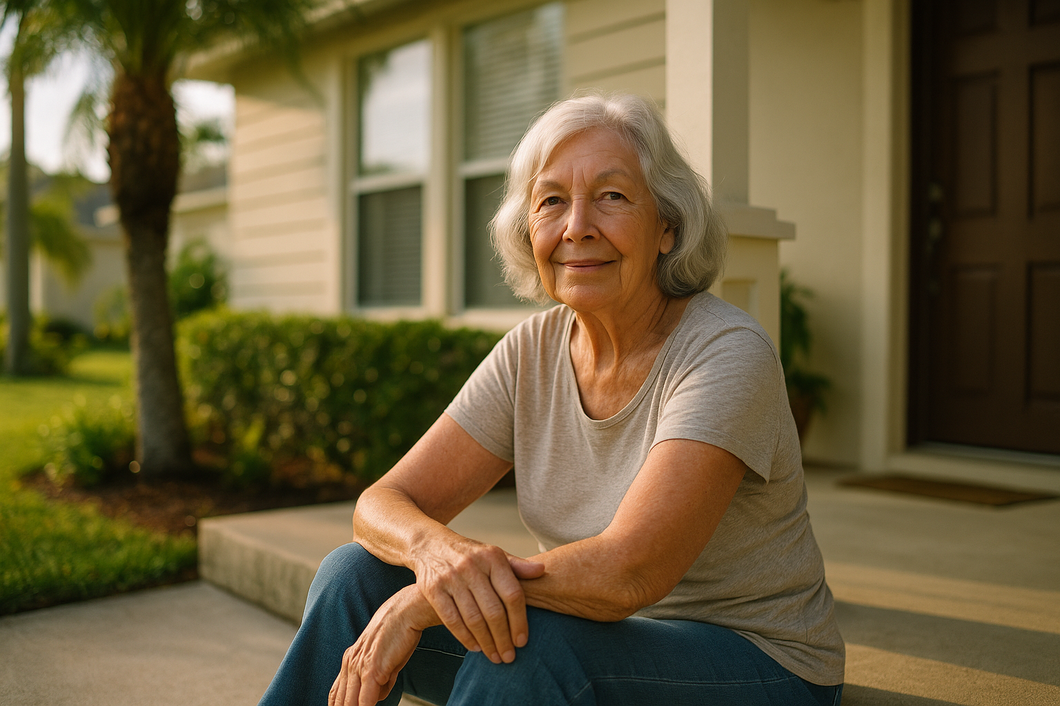 A smiling older woman with silver hair sitting on the porch of her Florida home, looking relaxed and thoughtful in natural morning light