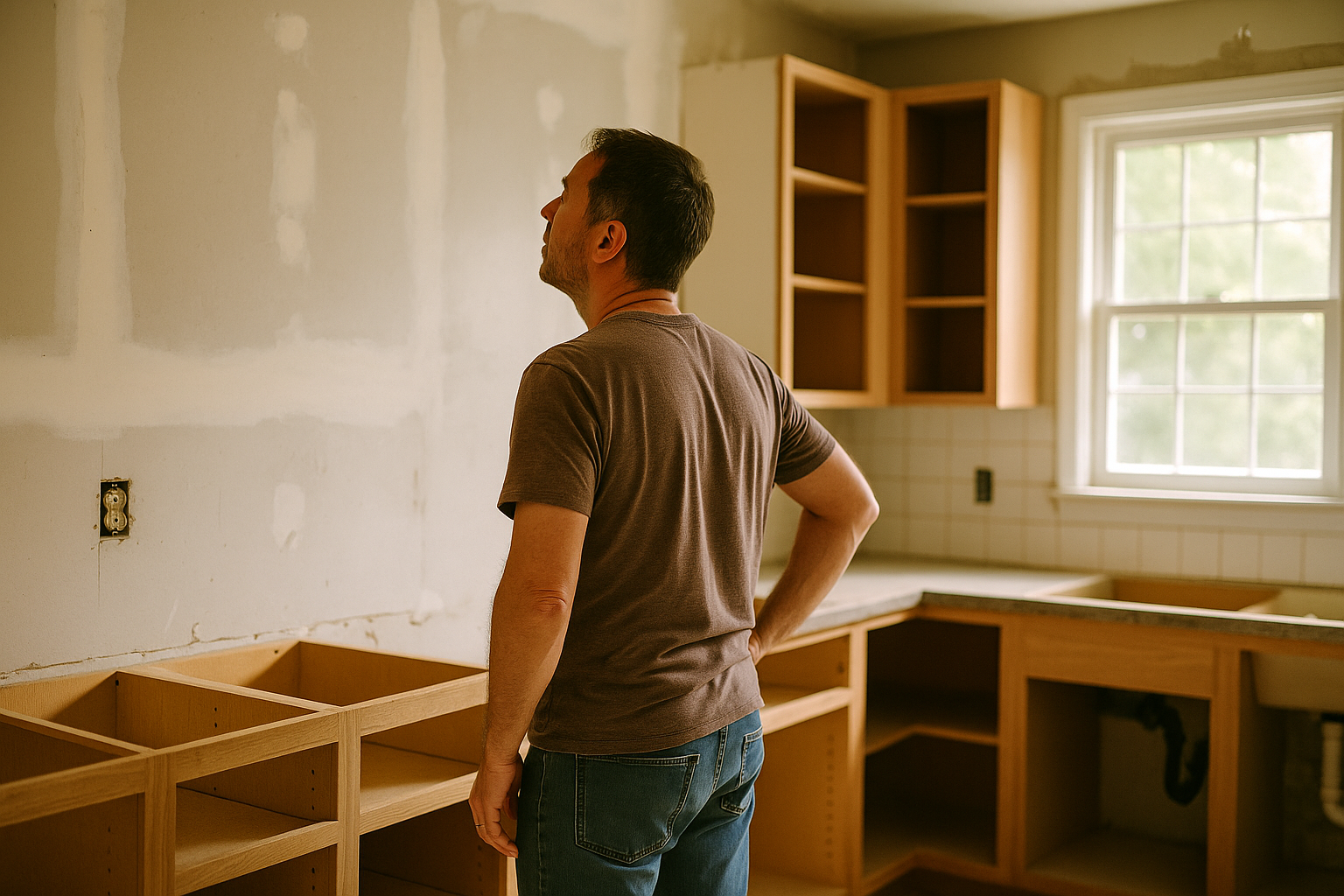 A homeowner in casual clothes walks through a partially renovated kitchen, examining unfinished walls and open cabinetry in natural daylight