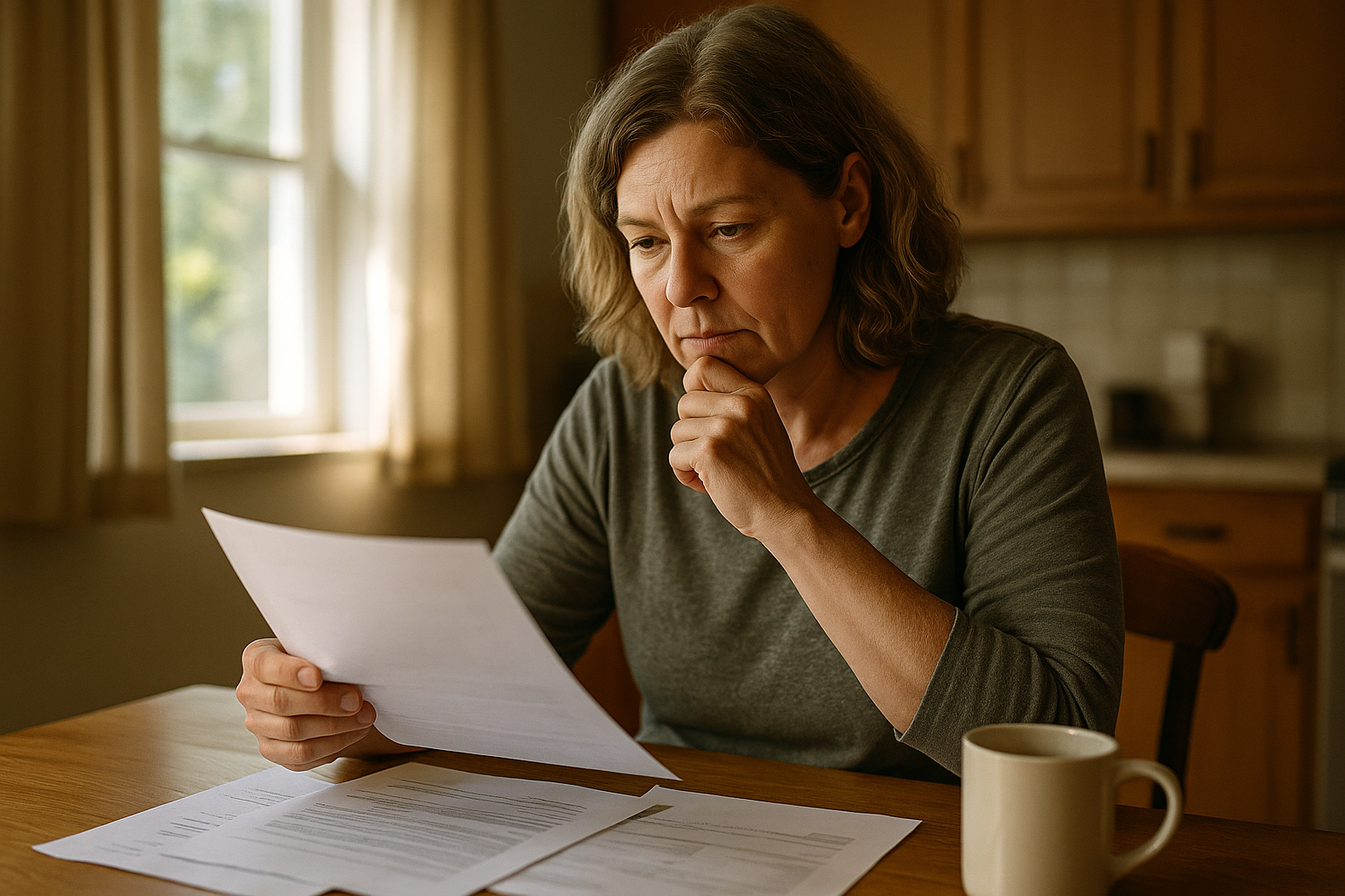 A middle-aged homeowner sitting at a kitchen table reviewing paperwork, natural window light, candid documentary style, no text or signage visible