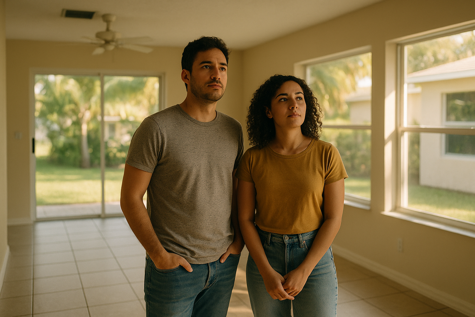 A young couple standing in the living room of an empty house they are considering purchasing, looking around with calm expressions, natural afternoon light coming through large windows
