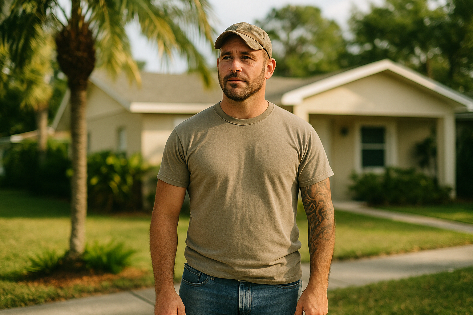 A veteran in casual clothes standing outside a sunny South Florida home, looking thoughtfully at the front door, natural daylight, candid documentary style