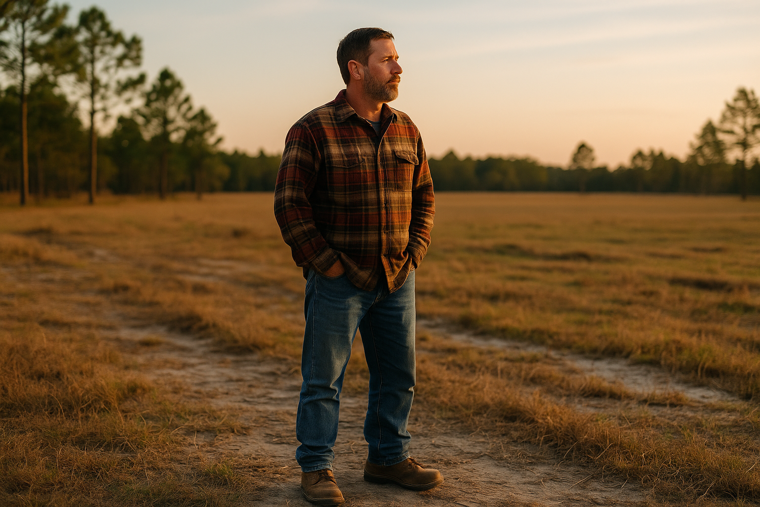 A couple standing on a rural wooded lot in North Central Florida, looking at building plans together in natural afternoon light, candid documentary style