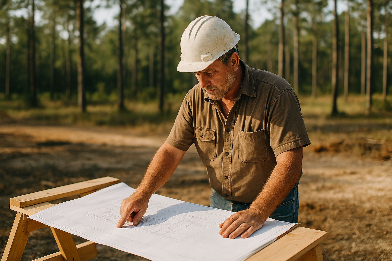 A general contractor in a hard hat reviews blueprints at a rural home construction site in a wooded Florida setting, natural light, candid documentary style