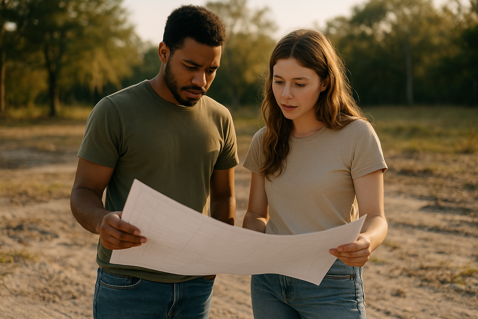 A young couple standing on a grassy rural lot in Alachua County, Florida, looking at architectural plans together in natural afternoon light, candid and documentary style