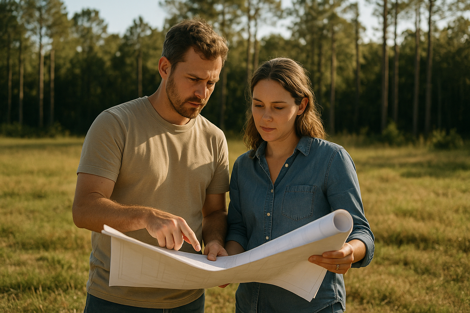 A couple standing on an open rural lot in north-central Florida, looking at blueprints together in natural afternoon light, candid and relaxed expressions