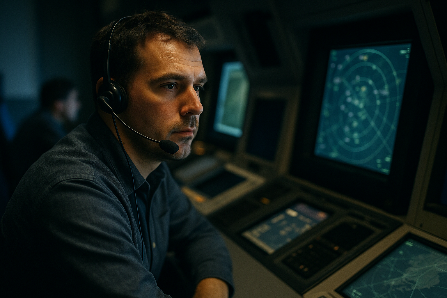 A focused air traffic controller wearing a headset seated at a radar workstation in a dimly lit control room, candid documentary style with natural ambient lighting
