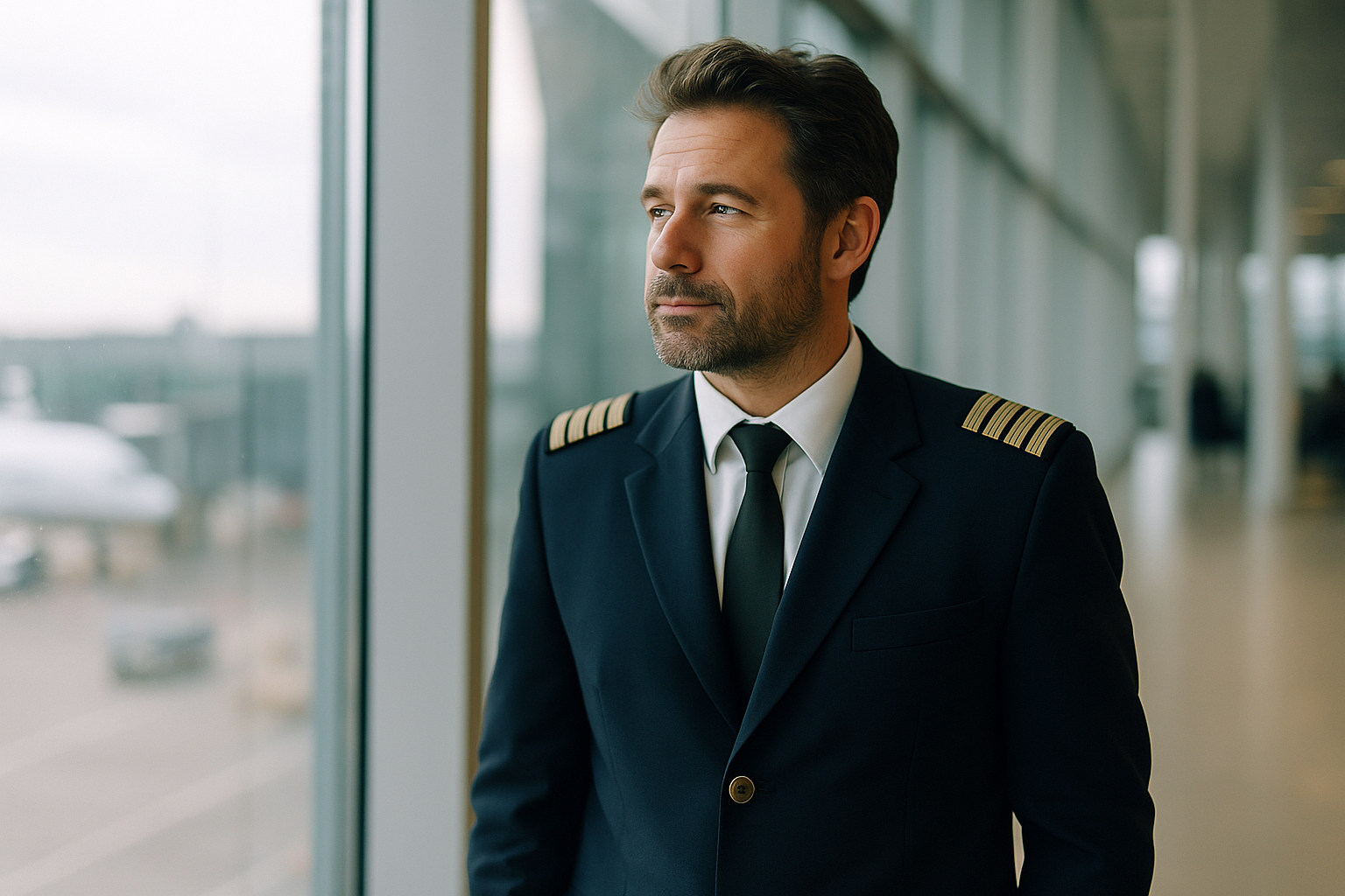 Airline pilot in uniform standing near a terminal window, natural daylight, candid documentary style, no text or logos visible