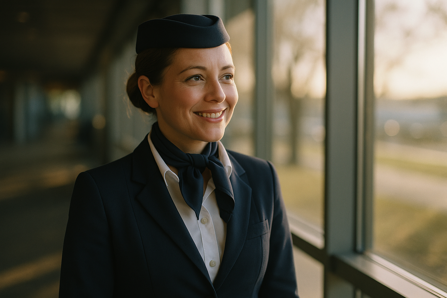 A female flight attendant in uniform standing near a window in natural daylight, candid and relaxed expression, no logos or text visible