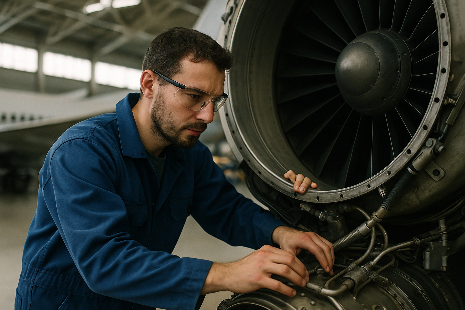 An aircraft mechanic in a blue uniform inspecting an aircraft engine in a hangar, natural overhead lighting, candid documentary style