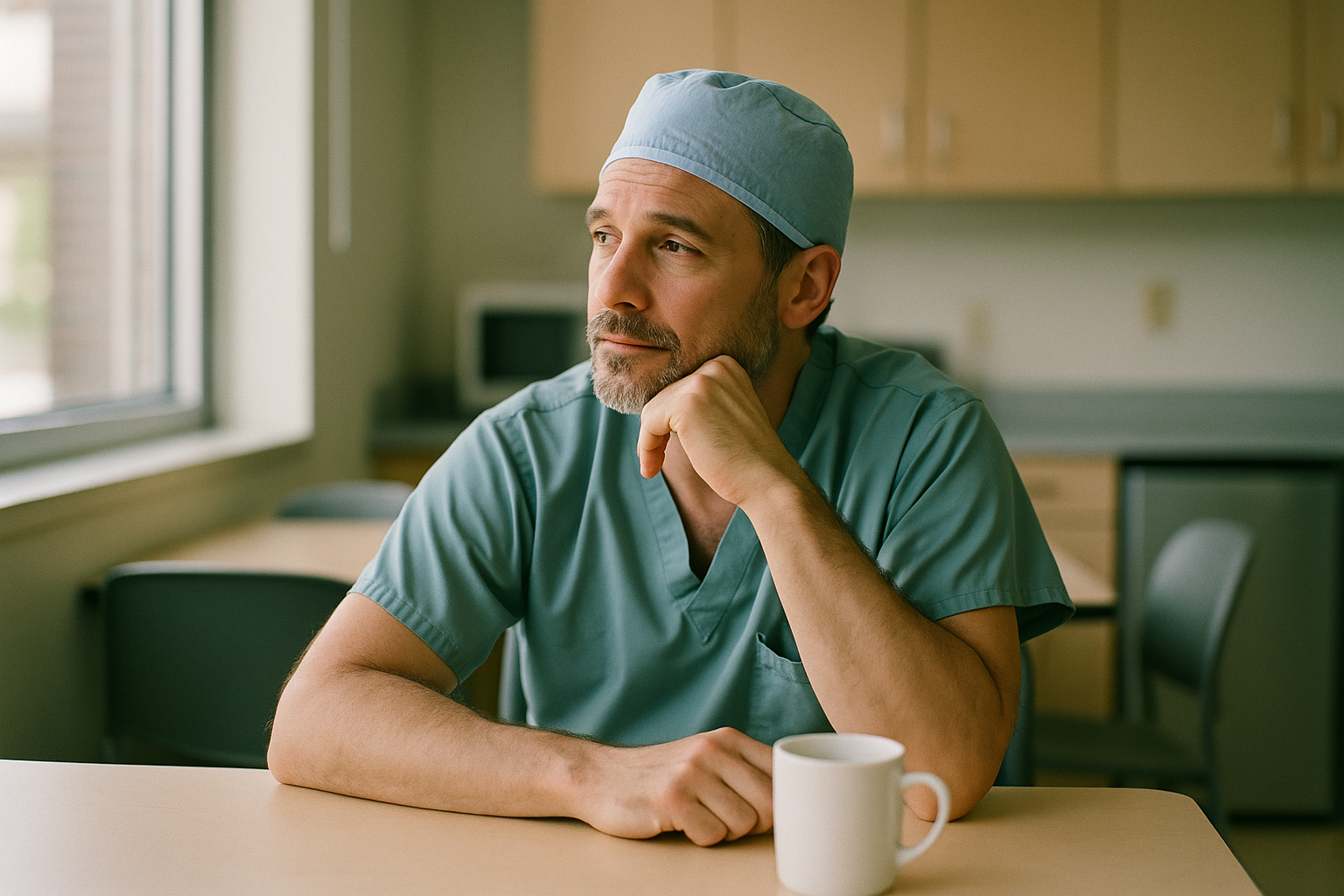 A physician in scrubs sitting thoughtfully at a desk in a hospital break room, natural window light, candid documentary style
