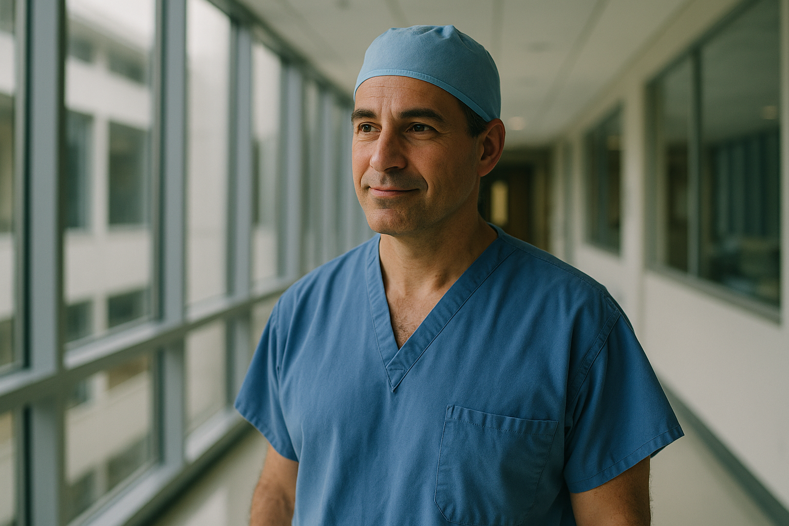 A surgeon in scrubs standing in a hospital corridor, candid documentary style, natural light from a window, no text or signage visible