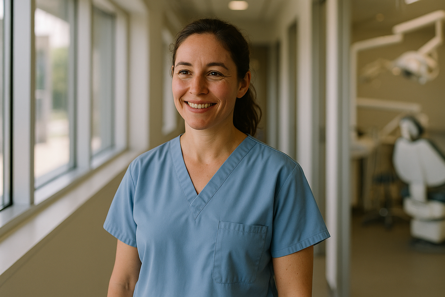 A female dentist in scrubs standing in a bright clinic hallway, smiling naturally, candid documentary style, no text or signage visible