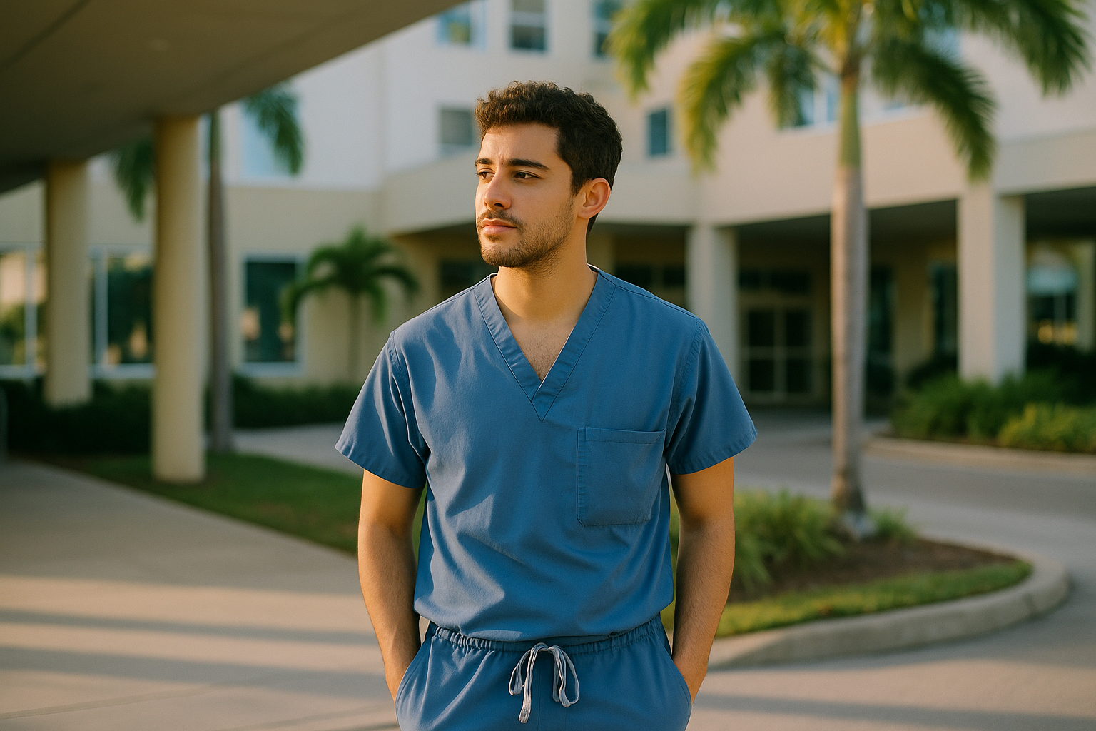 A young medical resident in scrubs standing outside a brick building, looking thoughtful, natural daylight, candid documentary style