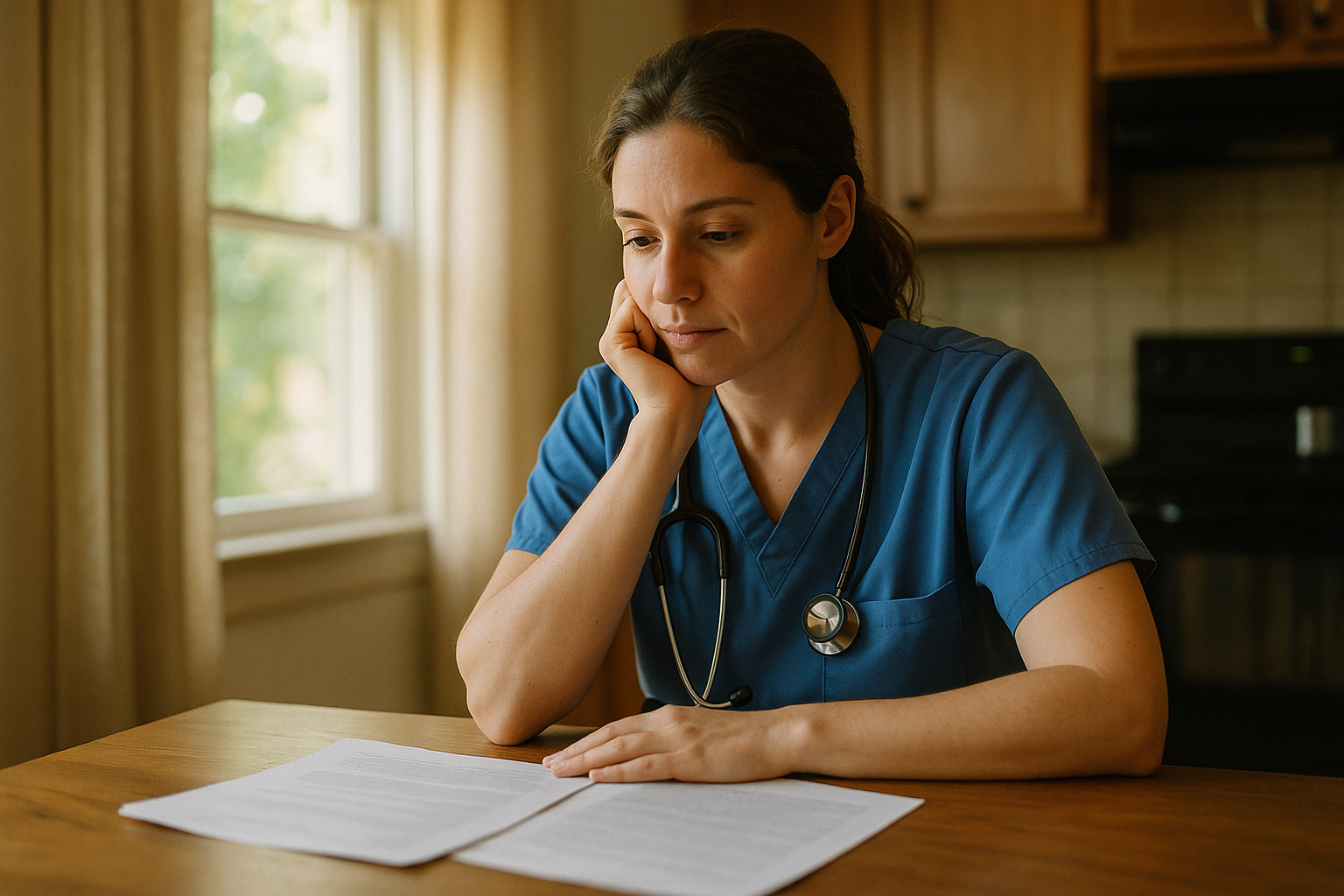A nurse practitioner in scrubs sitting at a kitchen table reviewing paperwork with a calm, focused expression, natural window light