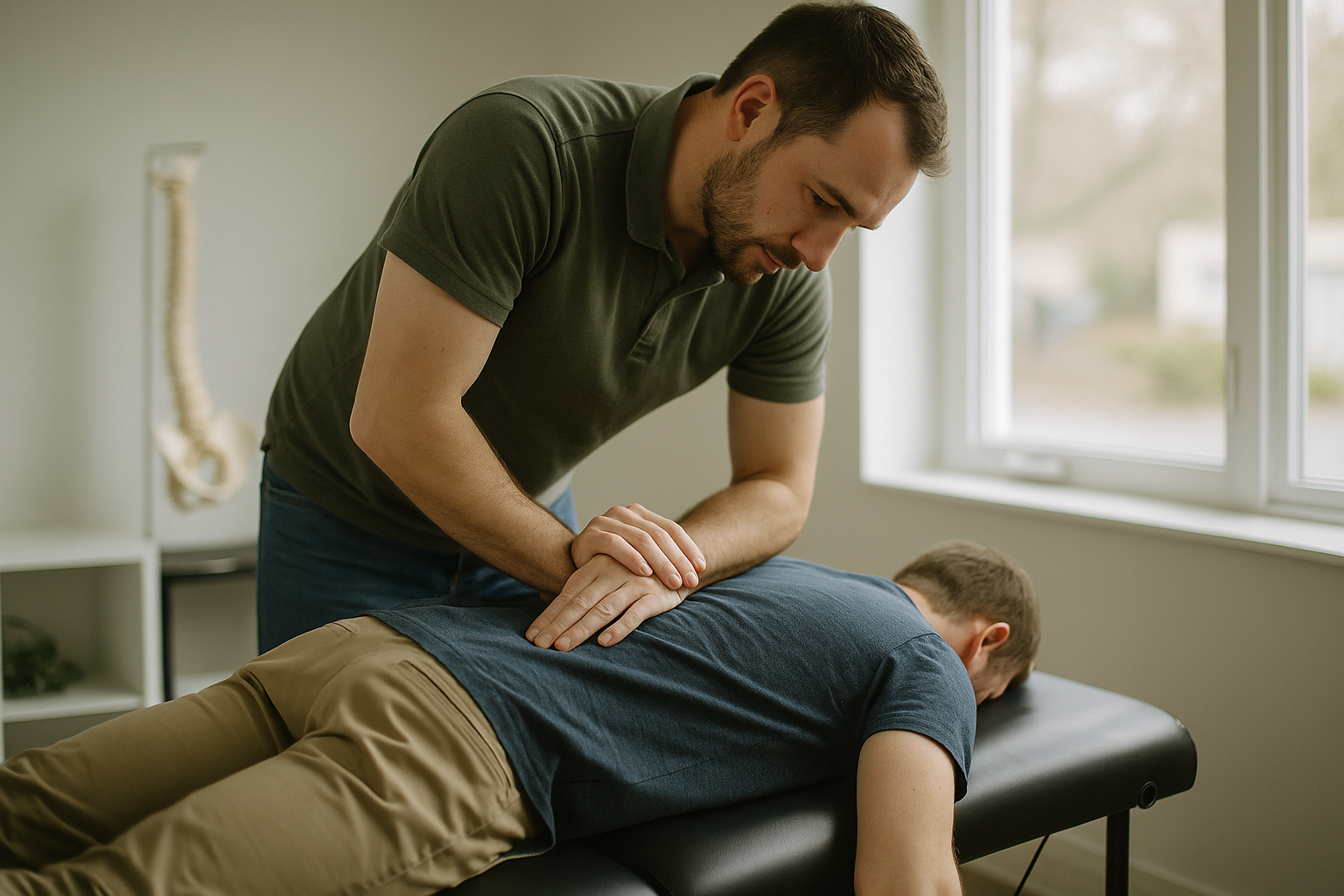 A chiropractor in a clinical setting adjusting a patient's spine, natural light coming through a window, candid documentary style
