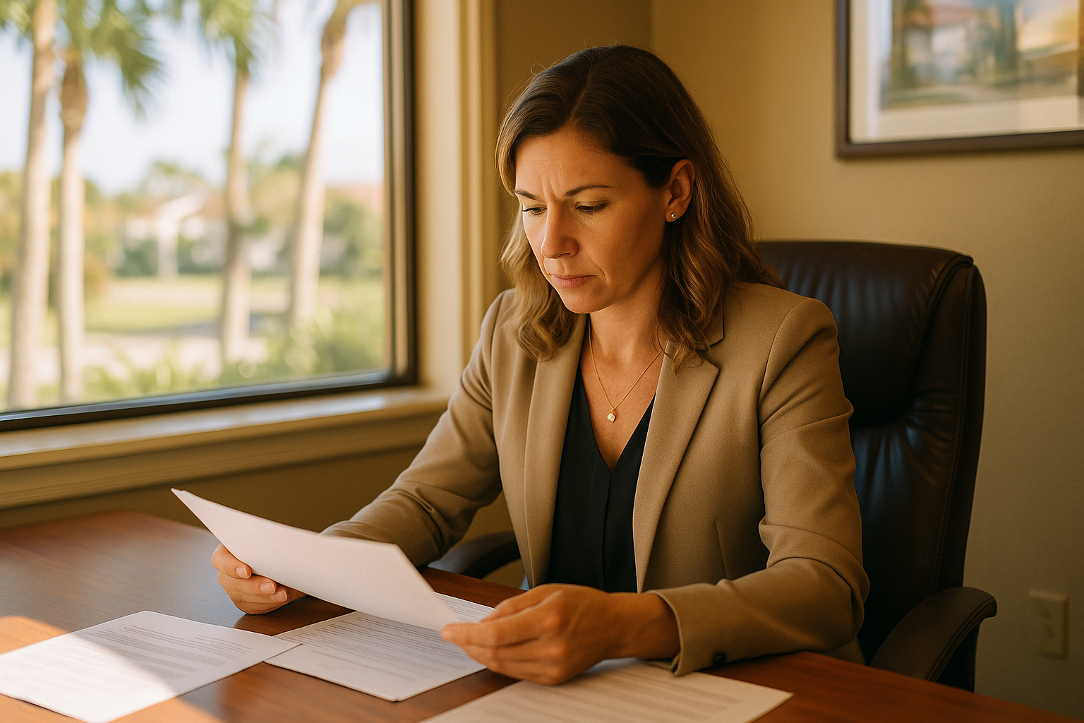 A real estate agent in a business casual outfit reviewing property documents at a wooden desk near a sunlit window in a Florida office