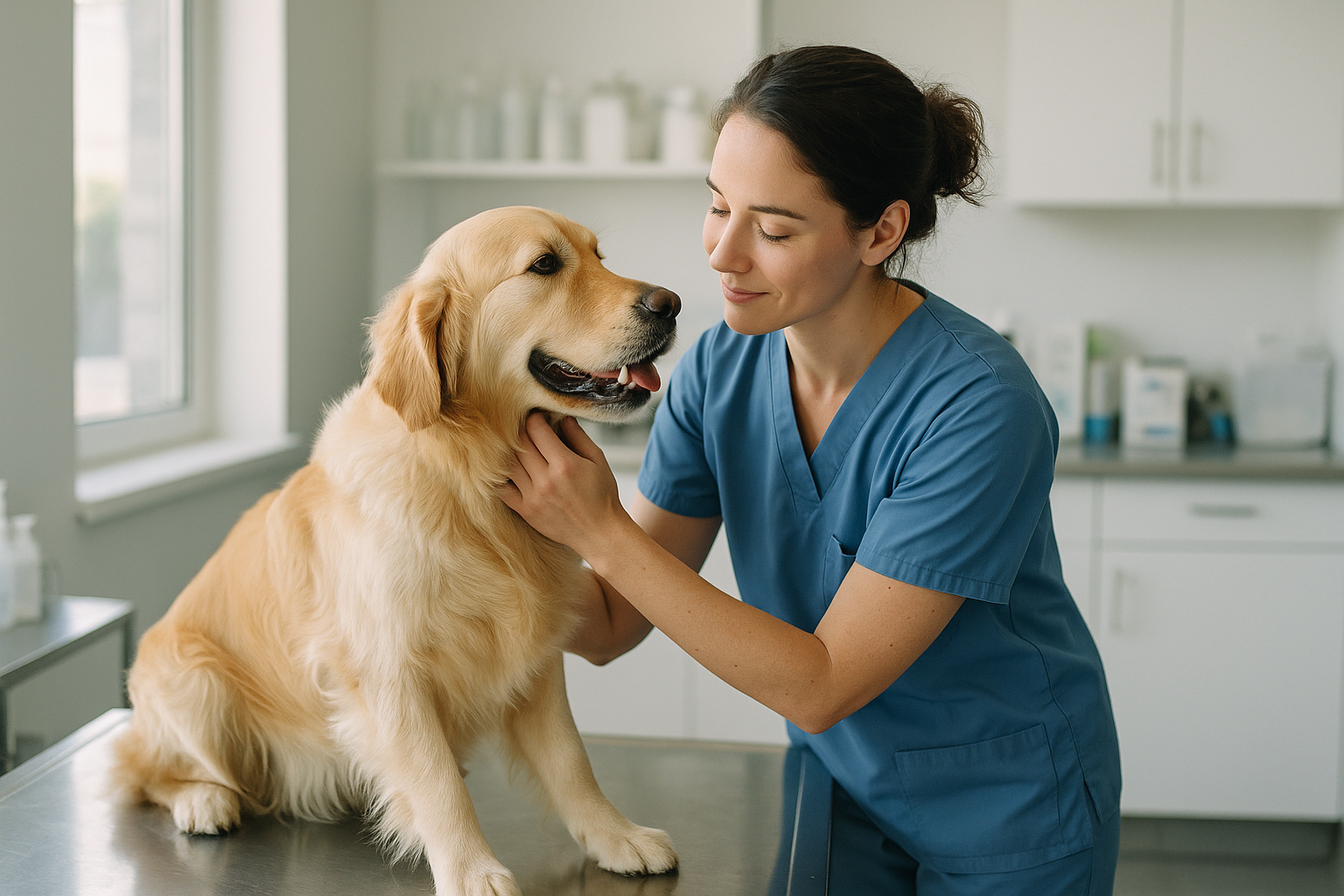A veterinarian in scrubs examining a dog on a clinic table, natural window light, candid documentary style