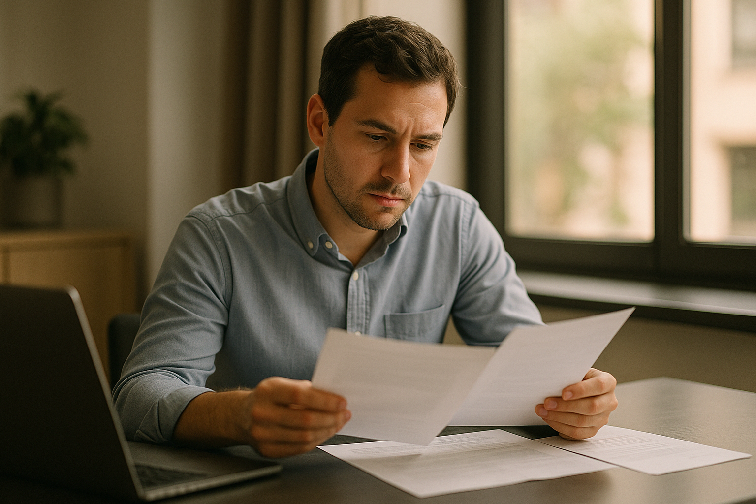 A commission-based sales professional in business casual attire reviewing paperwork at a bright office desk, natural window light, candid moment