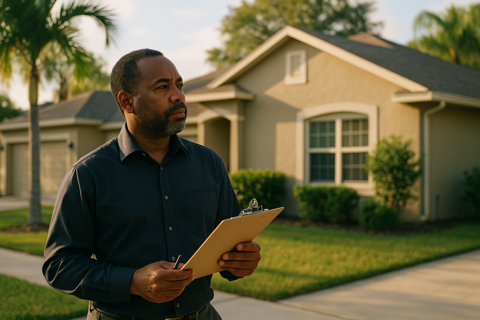 A property manager in business casual attire reviewing a clipboard while standing outside a single-family rental home in a Florida neighborhood, natural daylight, candid shot