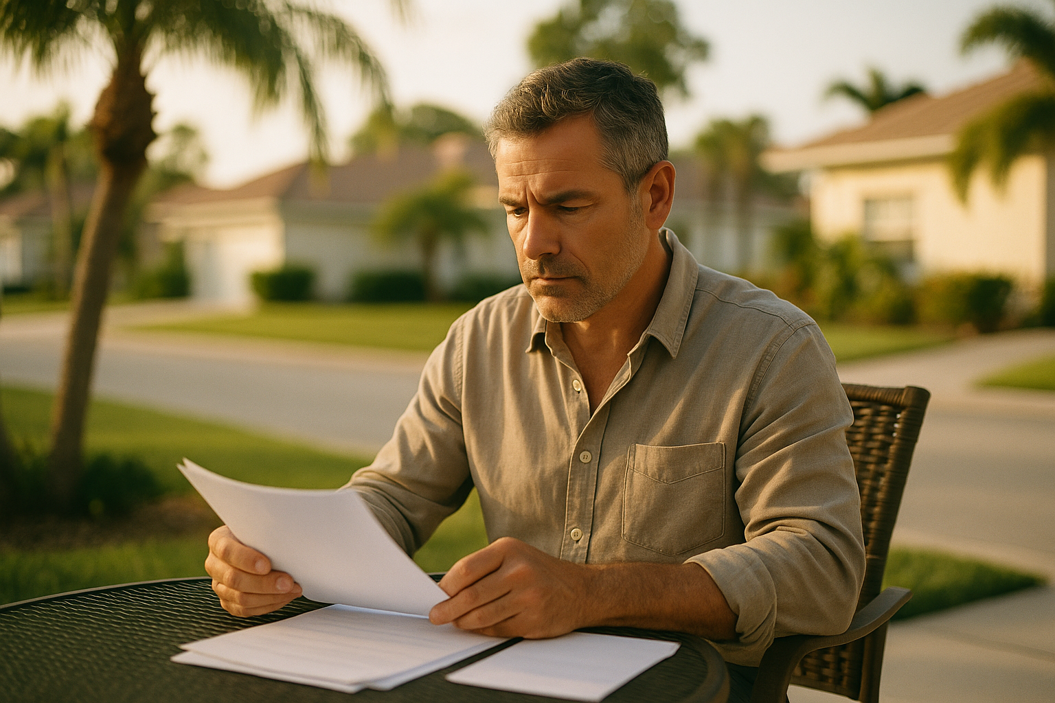 A middle-aged man in a casual button-down shirt reviewing property documents at an outdoor table in a Florida neighborhood, natural afternoon light