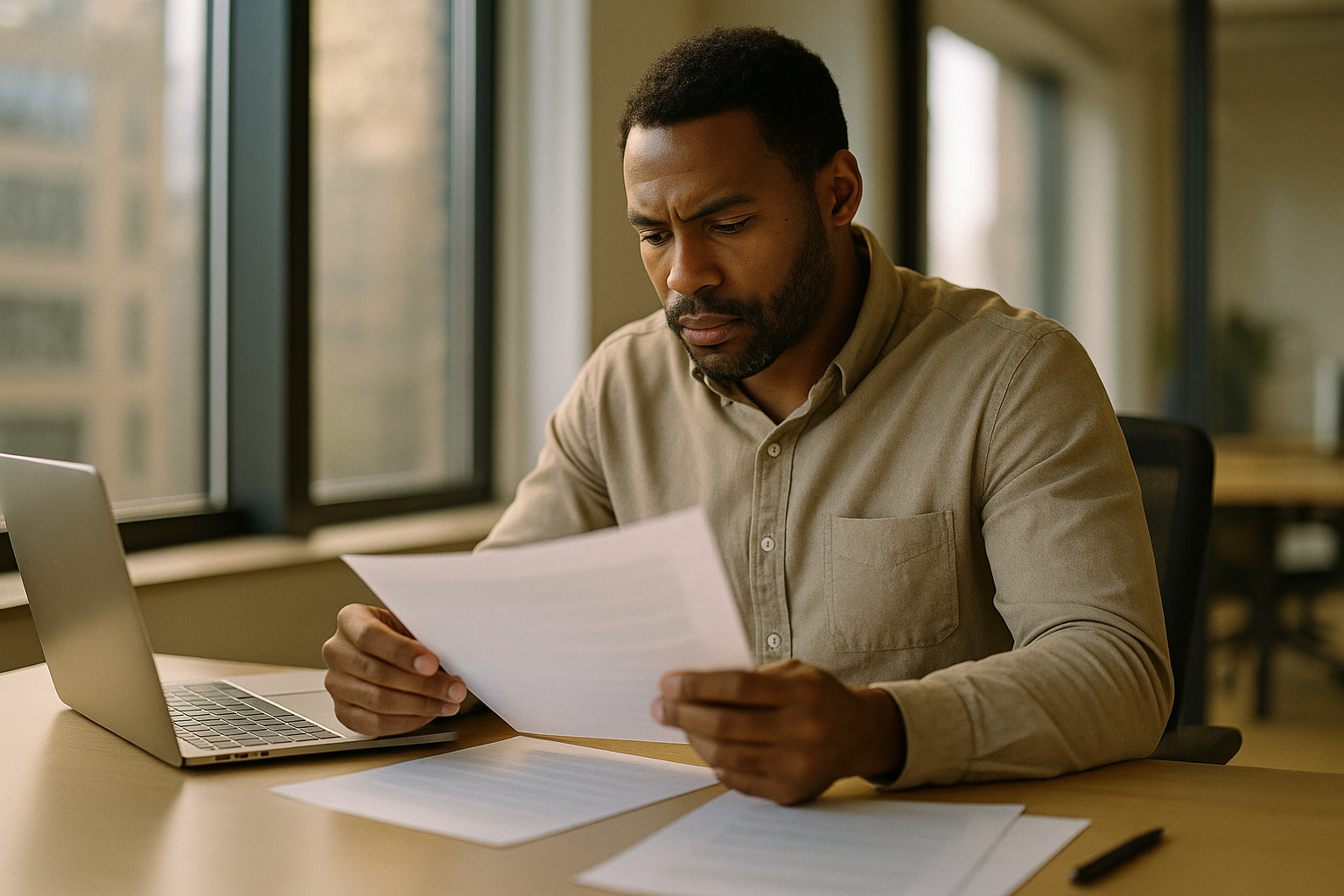 A professional account executive in business casual attire reviewing documents at a desk near a window, natural light, candid moment