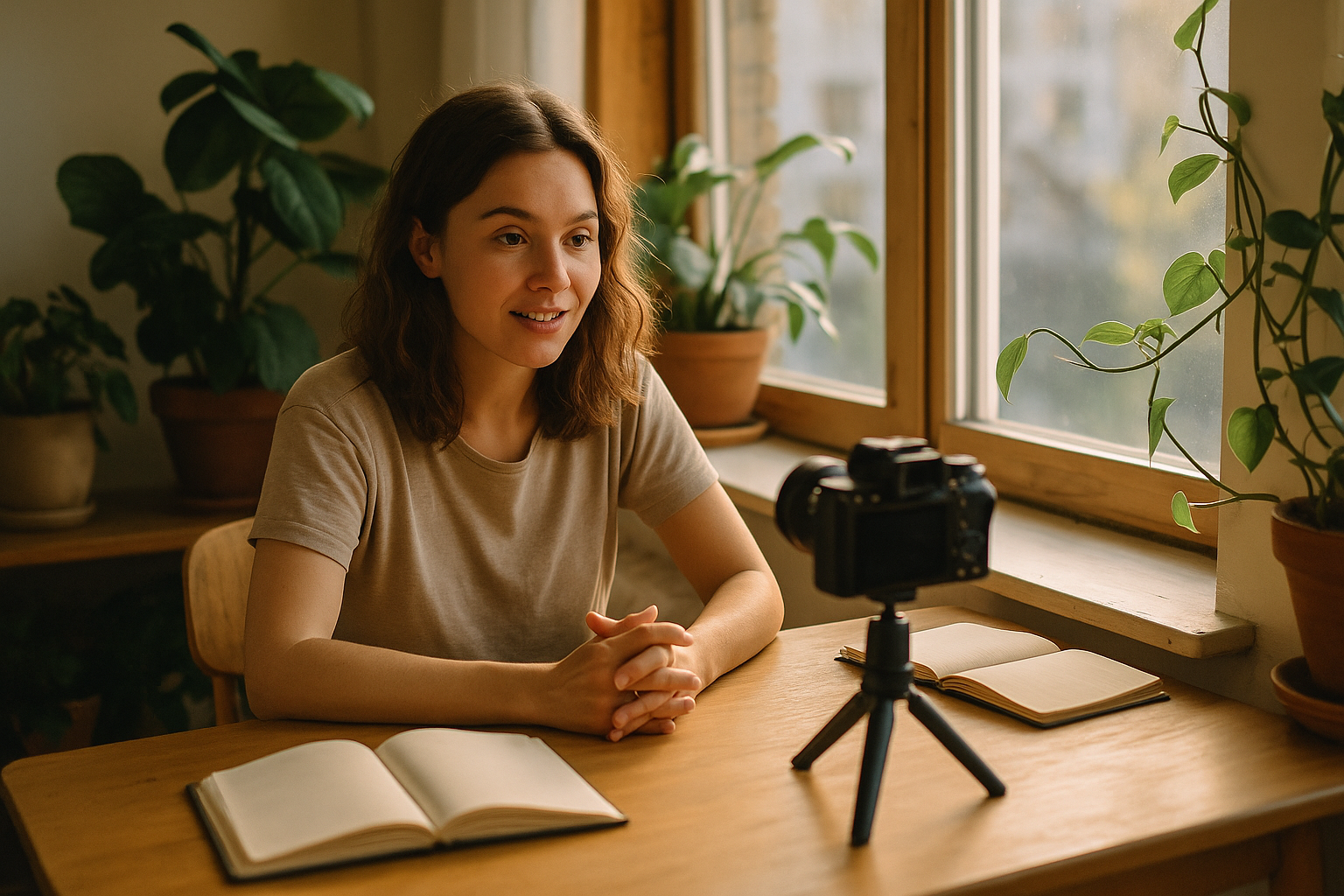 A young woman sitting at a wooden desk near a sunlit window, recording a video on her camera, surrounded by plants and notebooks, candid and natural
