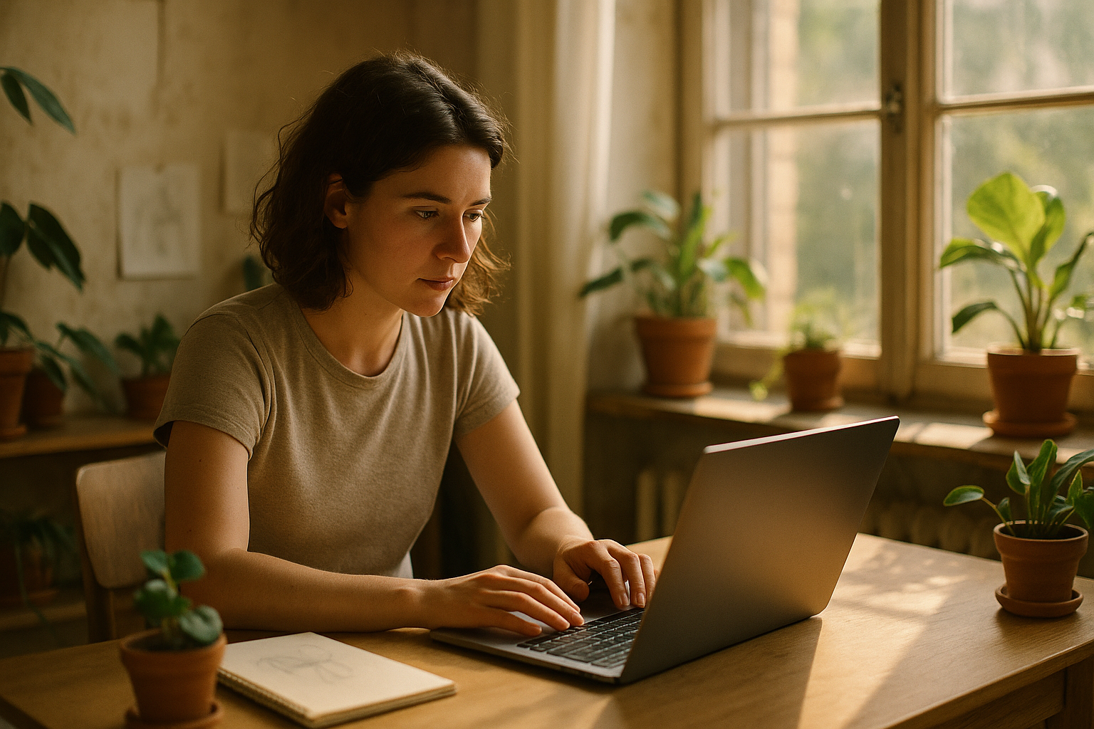 A freelance graphic designer working at a wooden desk near a sunlit window, reviewing work on a laptop, candid documentary style