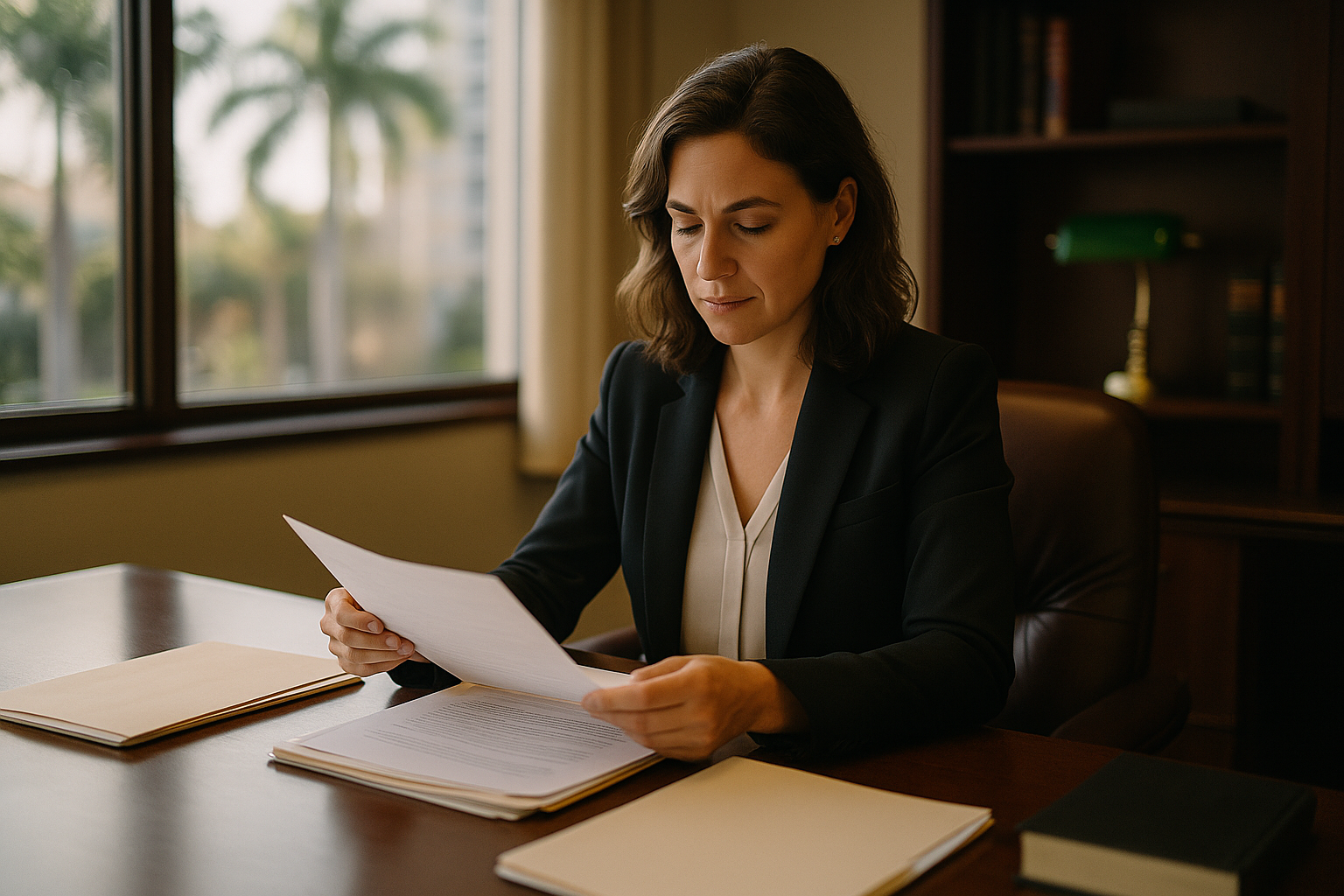 A mid-career attorney in professional attire sitting at a wooden desk in a warmly lit office, reviewing papers with a thoughtful expression, candid documentary style
