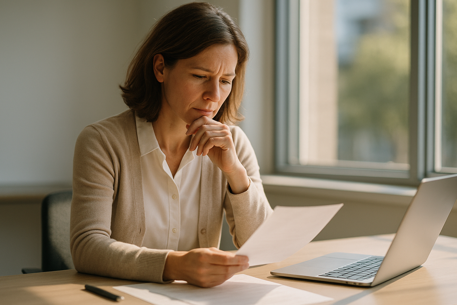 A mid-career corporate executive in business casual attire reviewing documents at a desk near a bright window, candid and natural expression