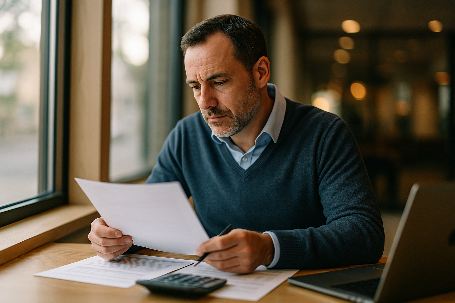 A financial advisor in business casual attire reviewing documents at a desk near a window with natural light, candid documentary style