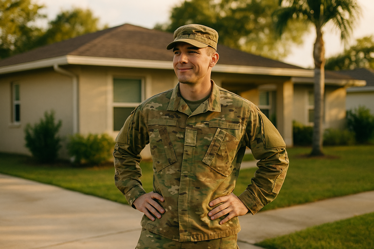 Active duty military service member in uniform standing outside a single-story Florida home on a sunny day, candid documentary style, natural lighting