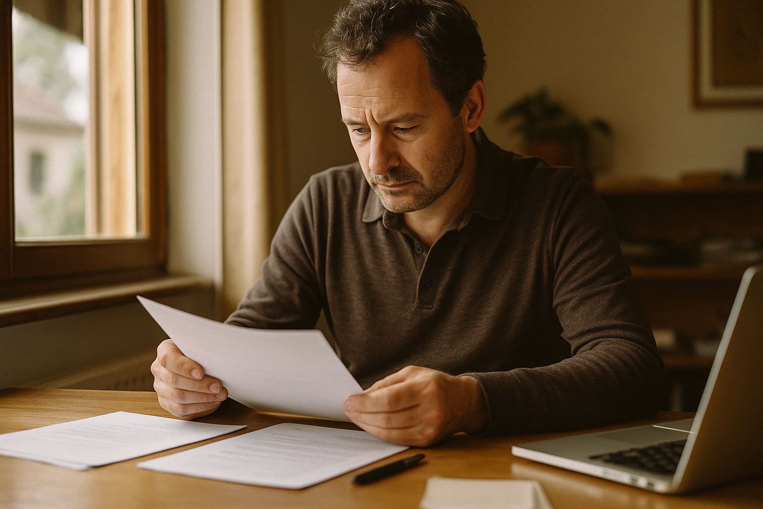 A self-employed business owner reviewing financial documents at a desk in a bright office, candid documentary style, natural window light