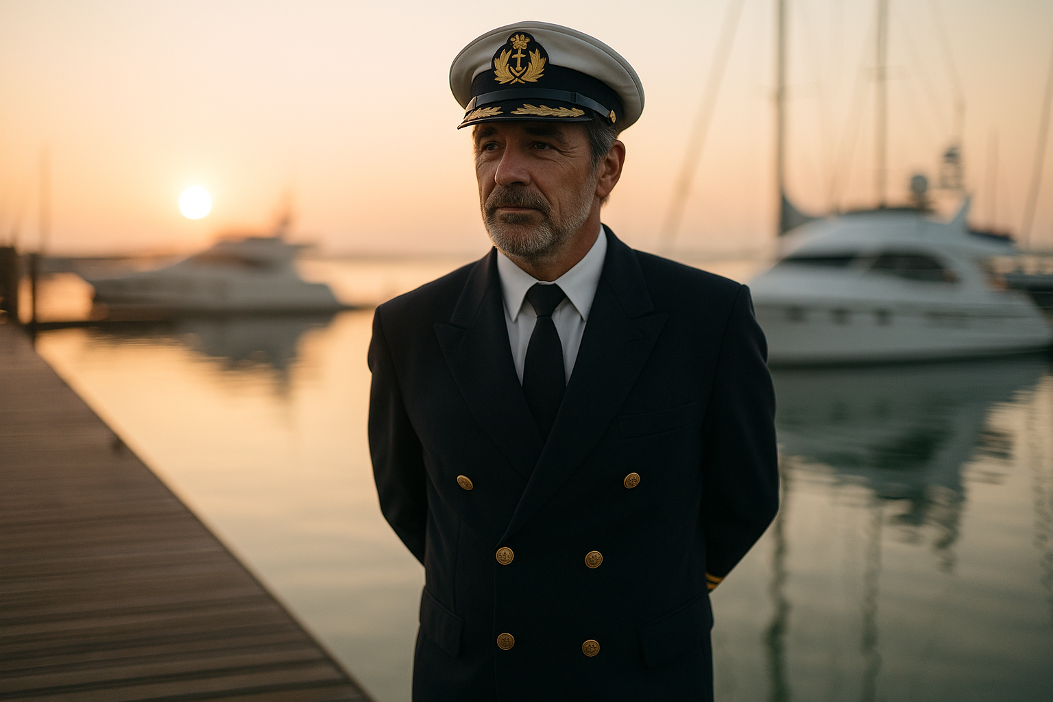 A yacht captain in a navy uniform stands on a dock at sunrise, looking toward open water, candid and relaxed, natural morning light