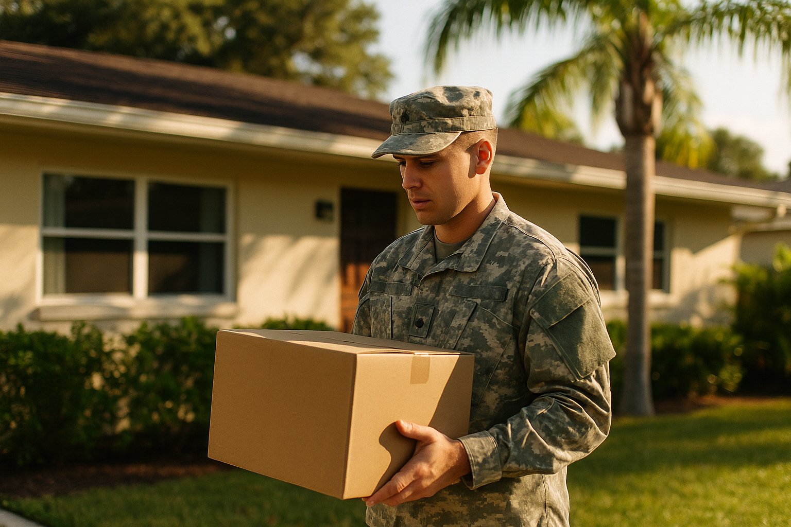 A uniformed military service member stands outside a modest Florida home with a moving box in hand, candid documentary style, natural afternoon light
