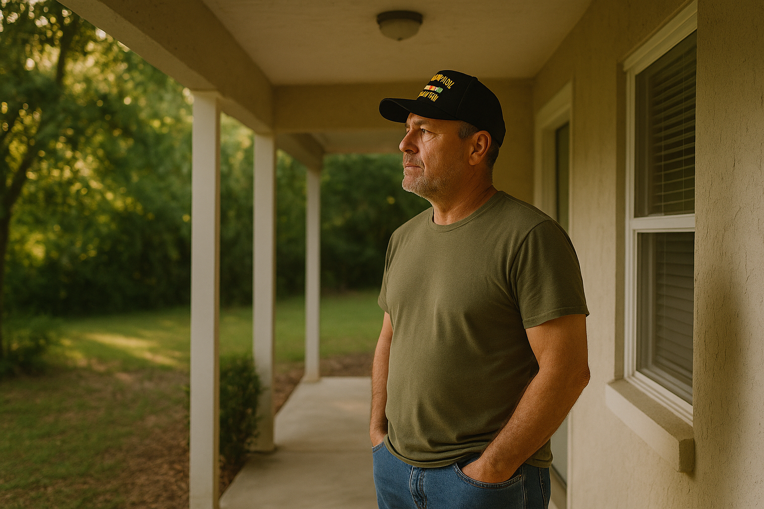 A middle-aged male military veteran in casual clothing stands on the front porch of a Florida home, looking out toward a tree-lined yard, natural afternoon light
