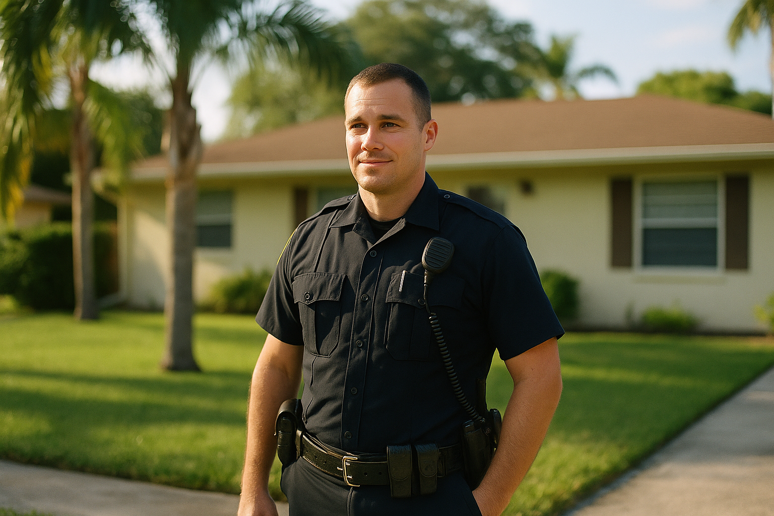 A male police officer in uniform standing outside a single-story Florida home on a sunny afternoon, looking toward the front door with a calm, confident expression