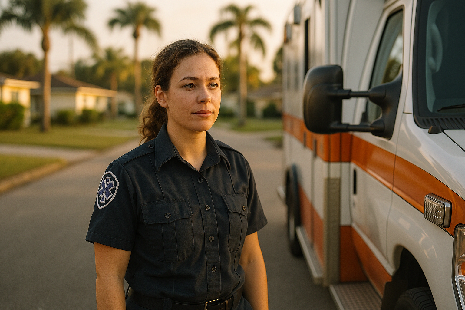 A paramedic in uniform standing beside an ambulance in a Florida suburban neighborhood, candid documentary style, natural morning light