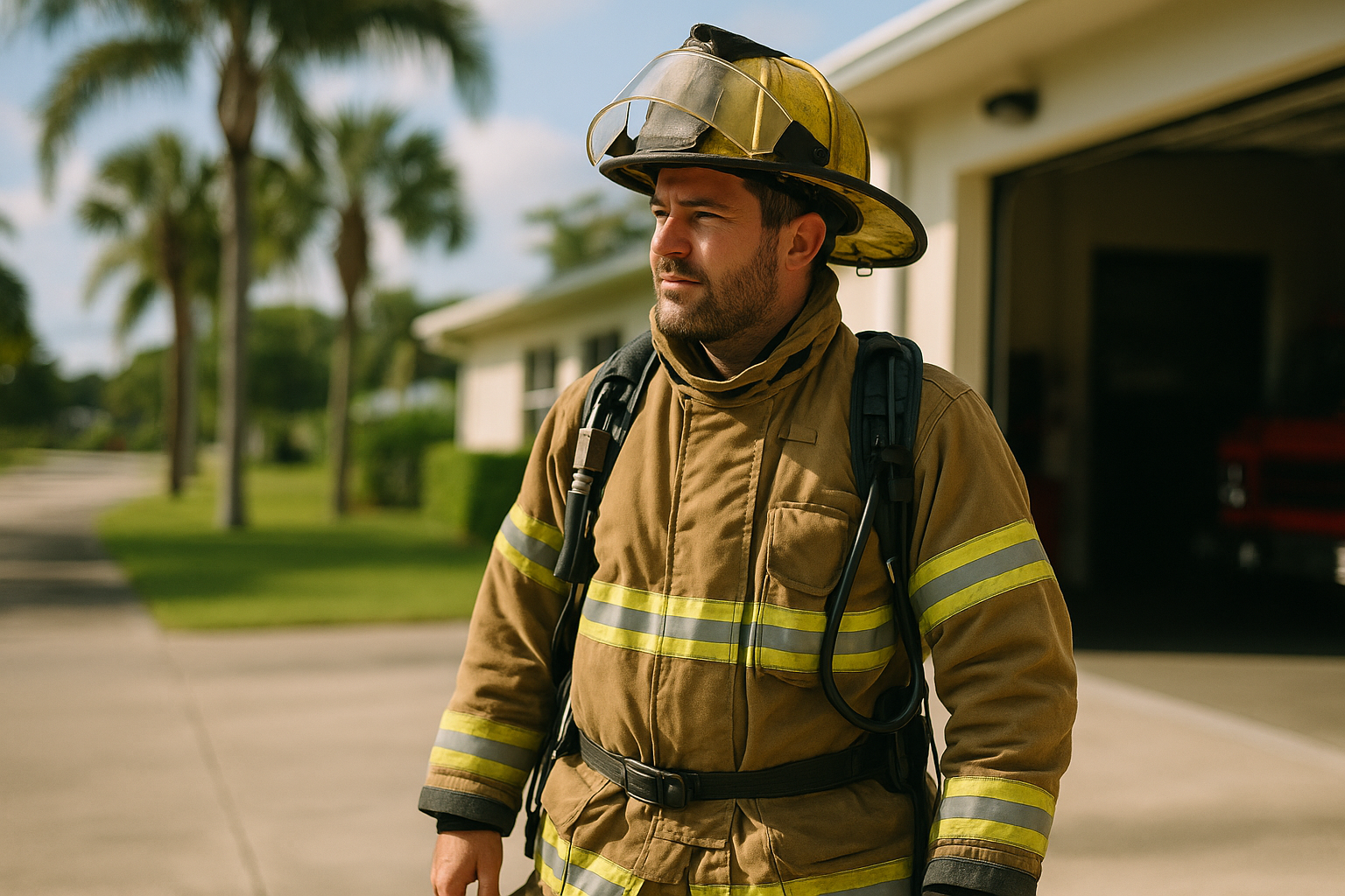 A firefighter in full gear standing outside a fire station in a Florida neighborhood, candid documentary style, natural light