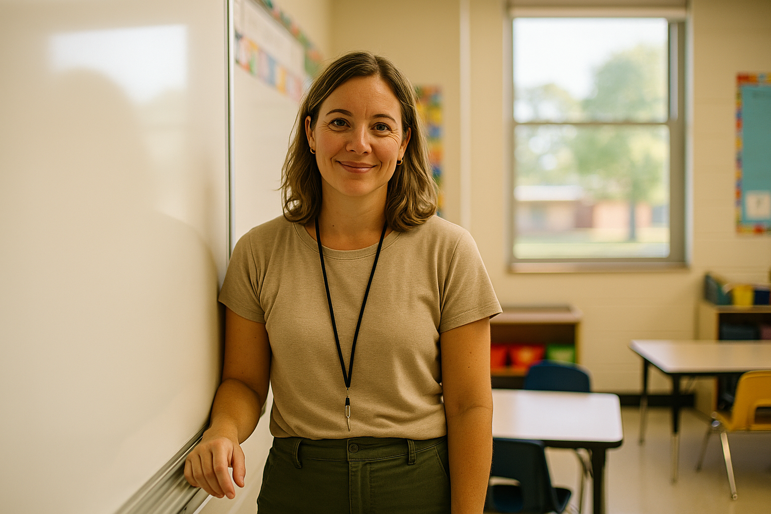 A mid-30s female teacher in a bright Florida classroom, smiling warmly, natural window light, candid documentary style, no text or signage visible