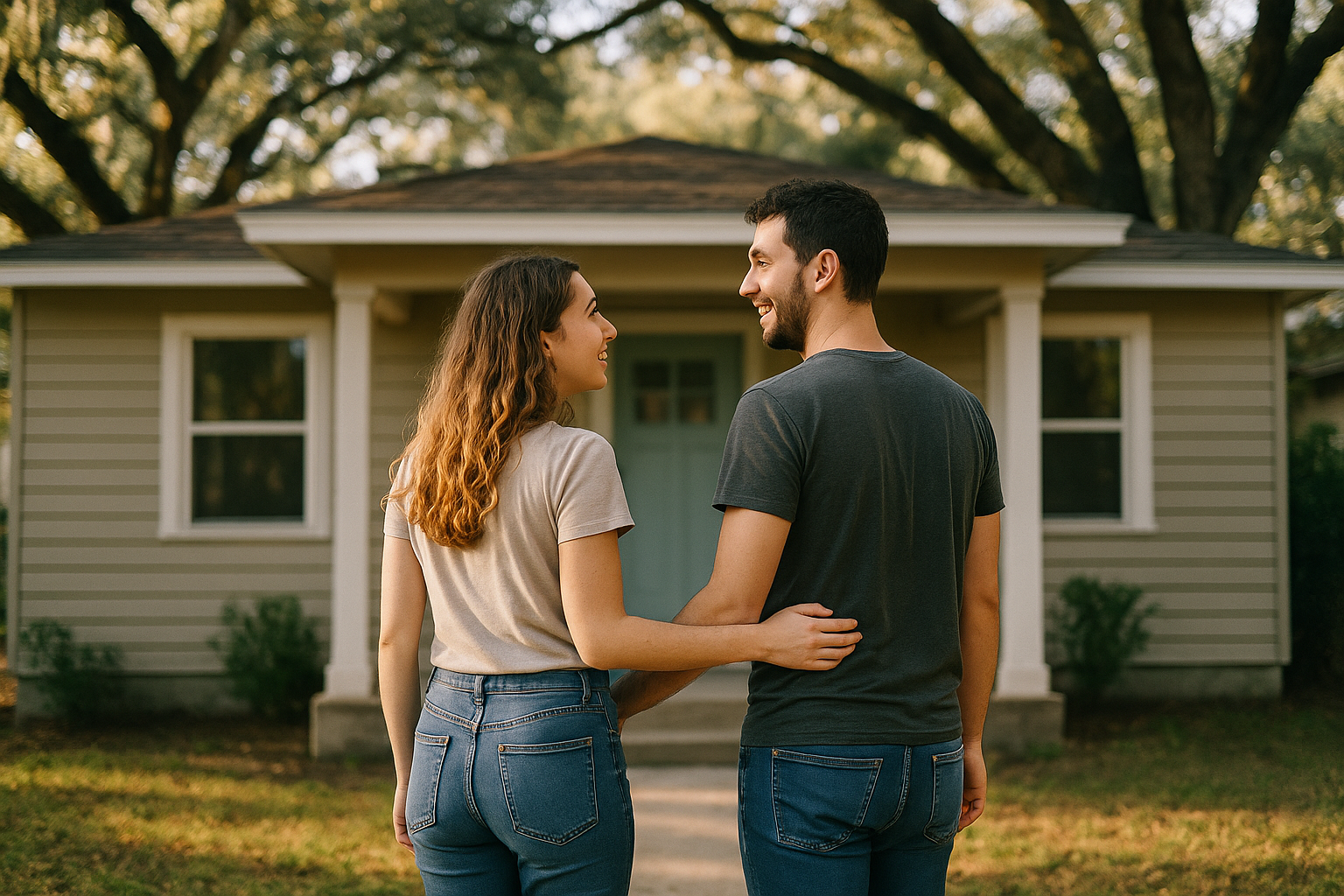 A young couple standing outside a modest Florida home in a tree-lined neighborhood, smiling and looking at the front door, natural afternoon light, candid documentary style