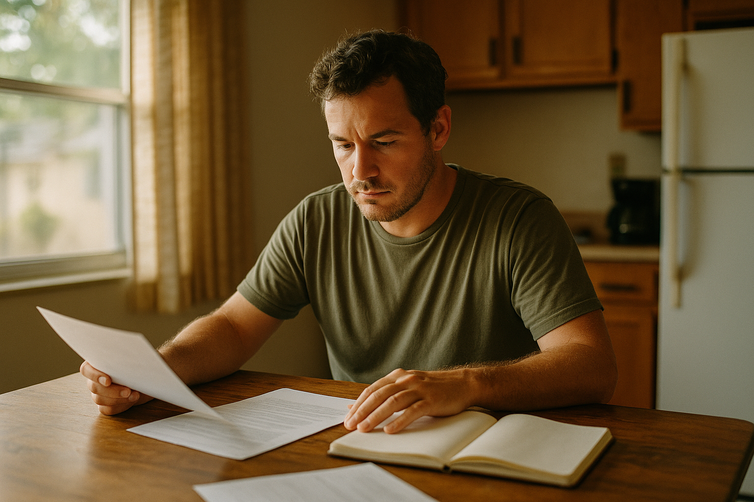 A focused man in his late thirties reviews property documents at a kitchen table in a modest Florida home, natural window light, candid shot