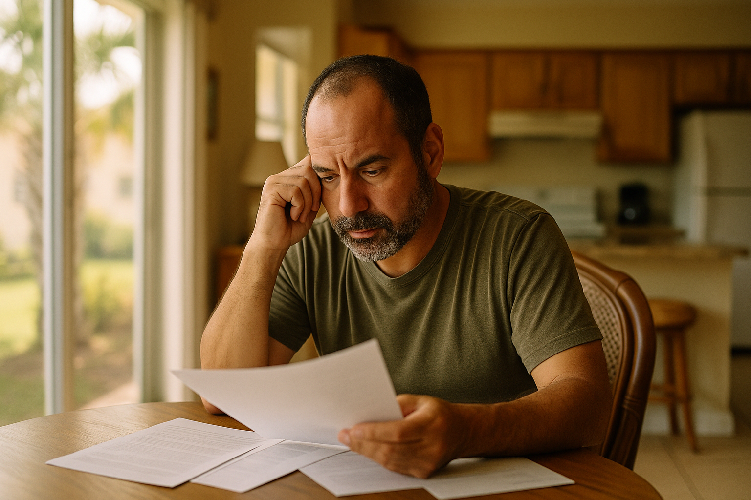 A middle-aged man reviews documents at a kitchen table in a modest Florida home, natural light coming through a window, candid and relaxed