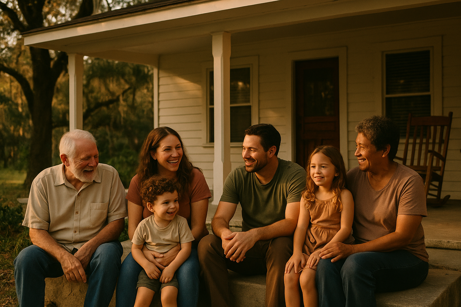 A multigenerational family of grandparents, parents, and children sitting together on a front porch of a Florida home, candid moment, warm natural afternoon light