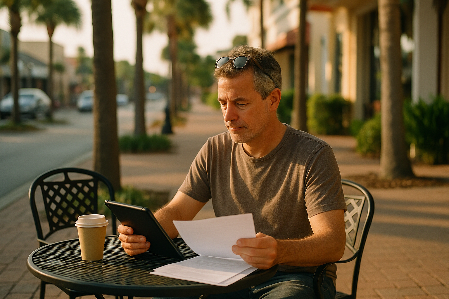 A relaxed middle-aged investor sitting at an outdoor café table in Gainesville, reviewing property documents on a tablet, natural morning light