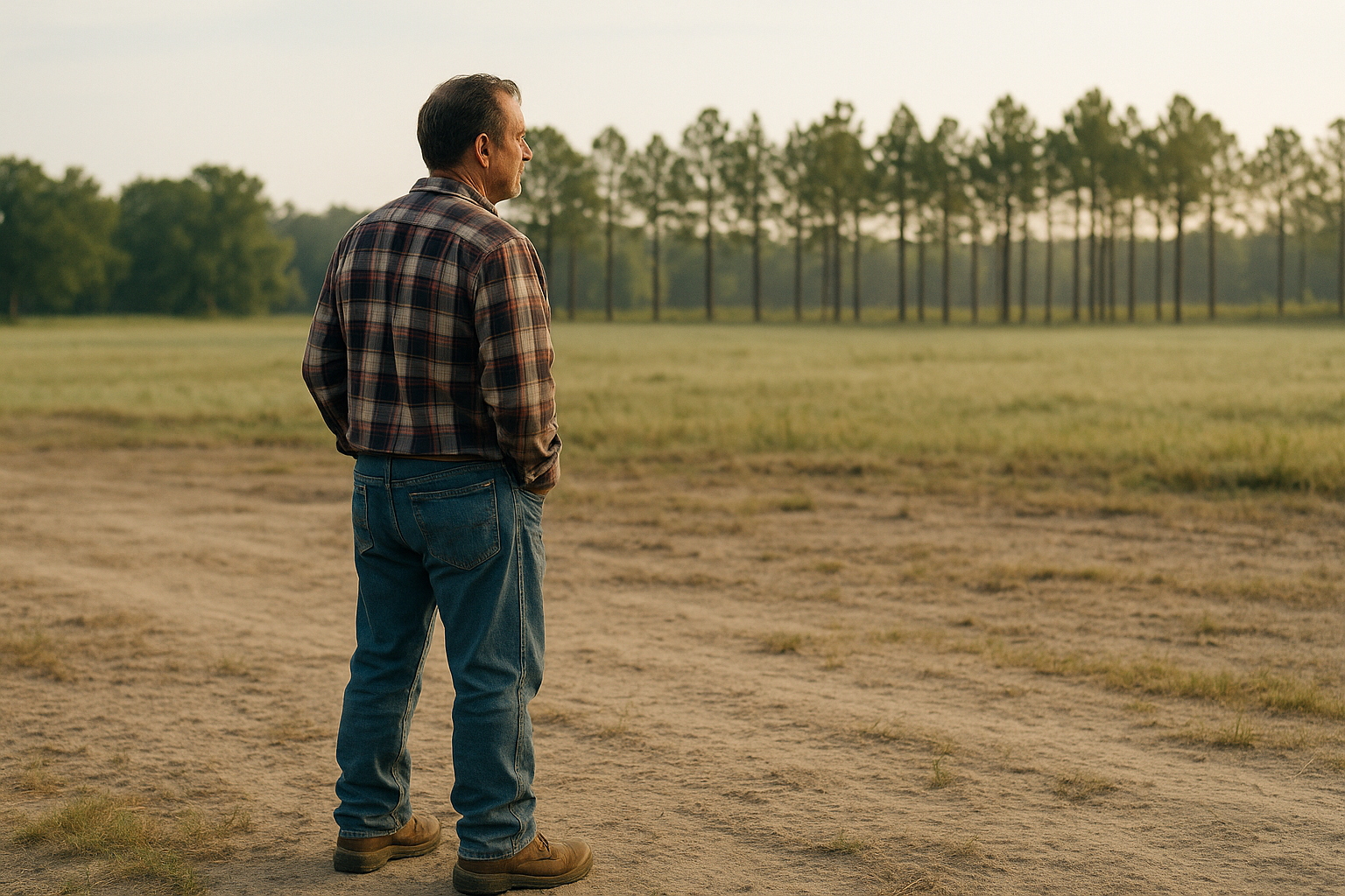 A man in work boots and a flannel shirt standing on a wide open grassy lot in rural Florida, looking out toward a tree line, natural morning light