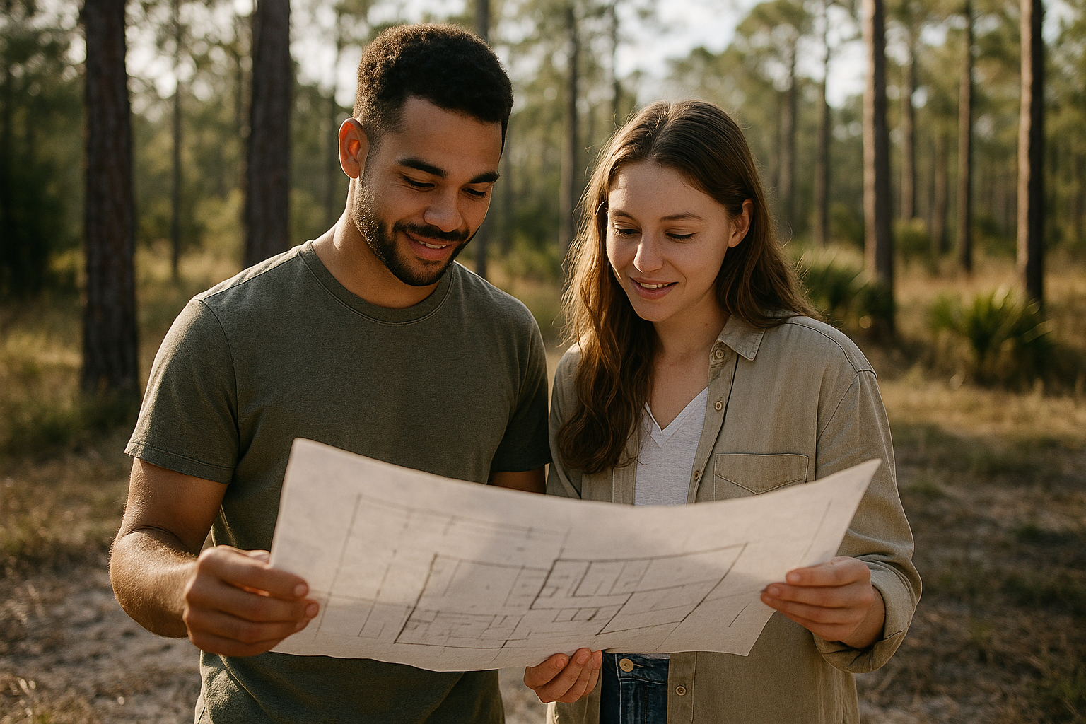 A young couple standing on an open wooded lot in rural Florida, reviewing hand-drawn house plans together in natural morning light, candid documentary style