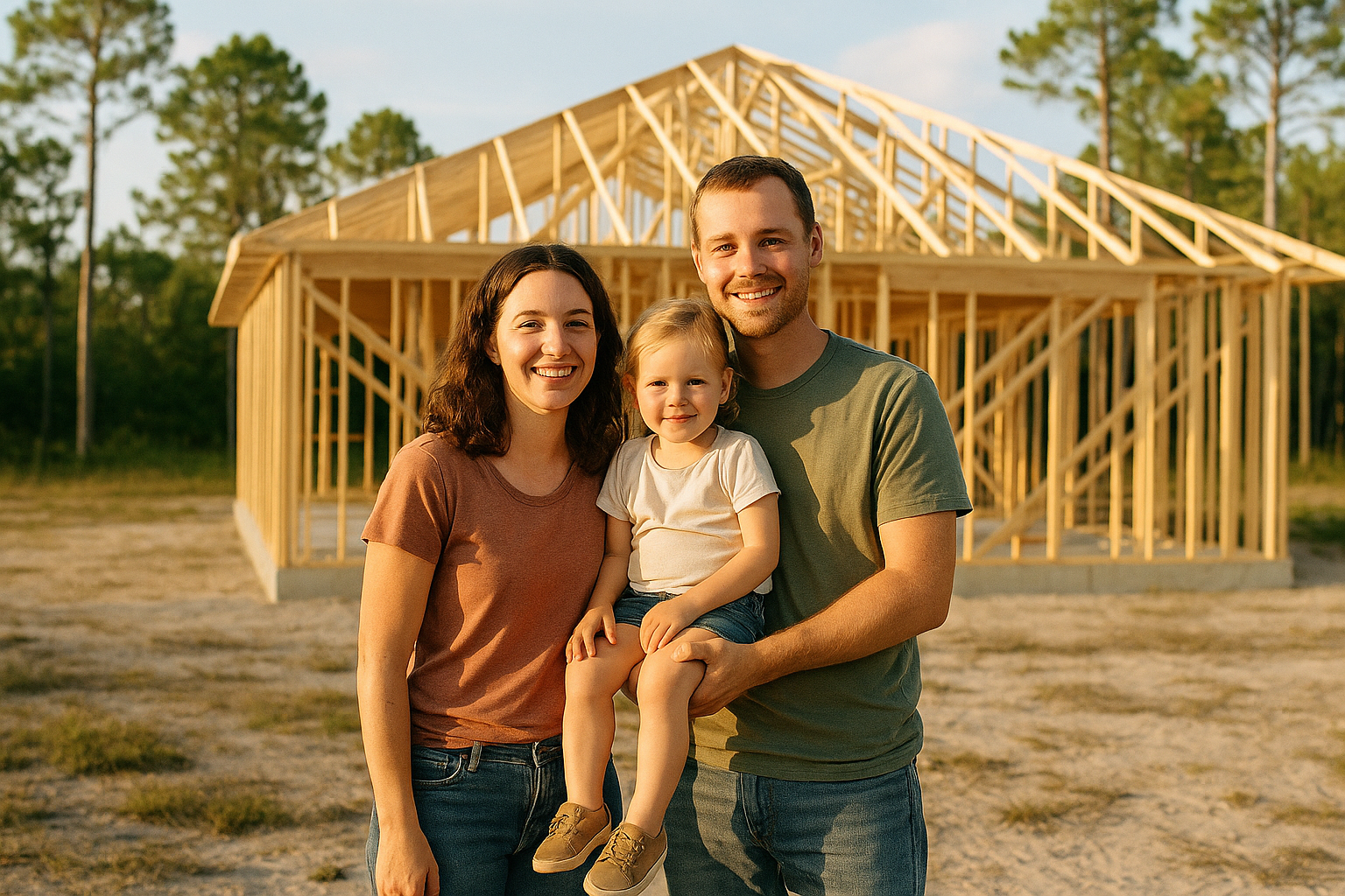 A family standing outside a newly framed house in a rural Florida setting, smiling and looking at the structure in natural daylight