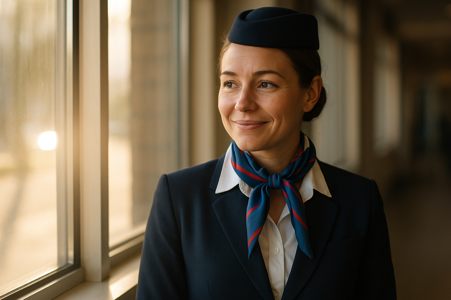 A female flight attendant in uniform standing near a window with natural light, candid documentary style, no text or logos visible